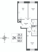 Планировка двухкомнатной(квартира) площадью 58 квадратных метров в “ЖК КИНОКВАРТАЛ”