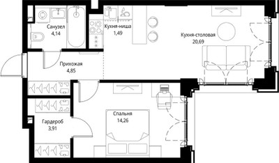 Планировка однокомнатной(квартира) площадью 49.34 квадратных метров в ЖК “ЖК Сити Бэй”
