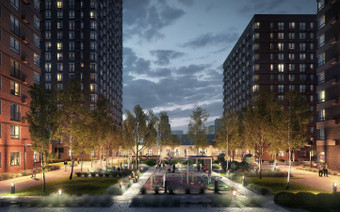 Территория ЖК "Holland Park"  в вечернее время