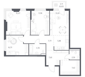 Планировка трехкомнатной(квартира) площадью 87.43 квадратных метров в ЖК “ЖК Пригород Лесное”