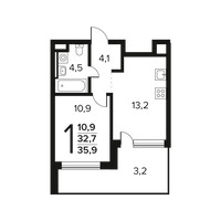 Планировка однокомнатной(квартира) площадью 35.9 квадратных метров в “Новые Ватутинки. Заречный”