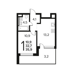 Планировка однокомнатной(квартира) площадью 35.9 квадратных метров в ЖК “Новые Ватутинки. Заречный”