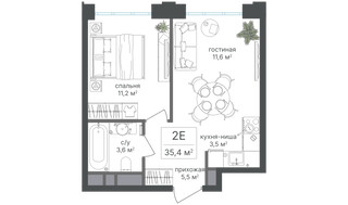 Планировка двухкомнатной(квартира) площадью 35.4 квадратных метров в “ЖК Михалковский”