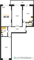 Планировка трехкомнатной(квартира) площадью 89.4 квадратных метров в “ЖК Пироговская Ривьера”