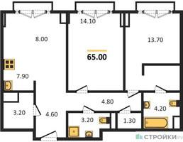 Планировка двухкомнатной(квартира) площадью 65 квадратных метров в “ЖК Sydney City (Сидней Сити)”
