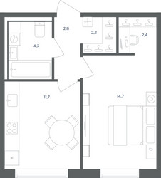Планировка однокомнатной(квартира) площадью 38.1 квадратных метров в ЖК “ЖК Равновесие”
