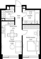 Планировка однокомнатной(квартира) площадью 44.16 квадратных метров в “ЖК Сити Бэй”