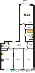 Планировка трехкомнатной(квартира) площадью 70.66 квадратных метров в ЖК “ЖК Новотомилино”