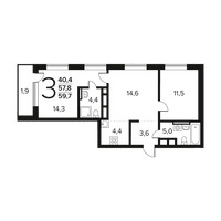 Планировка трехкомнатной(квартира) площадью 59.7 квадратных метров в “Новые Ватутинки. Заречный”