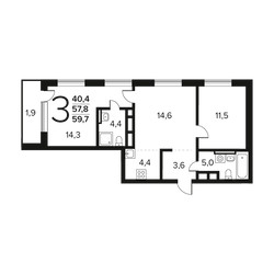 Планировка трехкомнатной(квартира) площадью 59.7 квадратных метров в ЖК “Новые Ватутинки. Заречный”