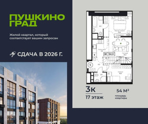 Планировка трехкомнатной(квартира) площадью 54 квадратных метров в ЖК “ЖК Пушкино Град”