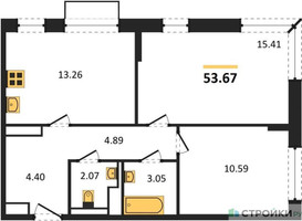 Планировка двухкомнатной(квартира) площадью 53.67 квадратных метров в “ЖК Новое Внуково”
