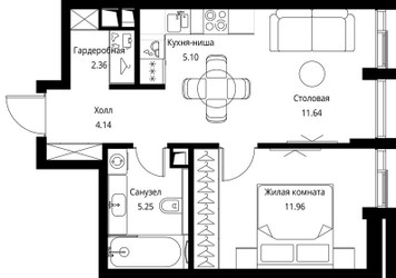Планировка однокомнатной(квартира) площадью 40.45 квадратных метров в ЖК “ЖК Сити Бэй”