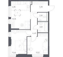 Планировка двухкомнатной(квартира) площадью 53.02 квадратных метров в “ЖК Пригород Лесное”