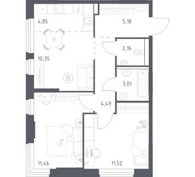 Планировка двухкомнатной(квартира) площадью 53.02 квадратных метров в ЖК “ЖК Пригород Лесное”