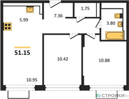 Планировка двухкомнатной(квартира) площадью 51.15 квадратных метров в “ЖК Квартал Строгино”