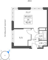 Планировка однокомнатной(апартаменты) площадью 40.45 квадратных метров в “ЖК Волковская 67”
