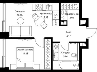 Планировка однокомнатной(квартира) площадью 38.21 квадратных метров в ЖК “ЖК Сити Бэй”