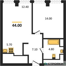 Планировка однокомнатной(апартаменты) площадью 44 квадратных метров в ЖК “ЖК Emotion (Эмоушен)”
