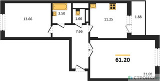 Планировка двухкомнатной(квартира) площадью 61.2 квадратных метров в “ЖК Школьный”