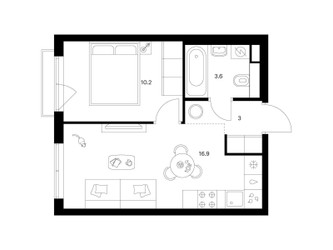 Планировка однокомнатной(квартира) площадью 33.7 квадратных метров в ЖК “ЖК Москворечье”