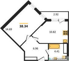 Планировка однокомнатной(квартира) площадью 38.34 квадратных метров в “ЖК Светлый мир БиоПолис”