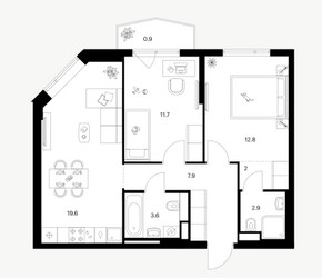 Планировка двухкомнатной(квартира) площадью 61.4 квадратных метров в ЖК “ЖК Руставели 14”