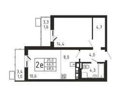 Планировка двухкомнатной(квартира) площадью 48.6 квадратных метров в “ЖК Пироговская Ривьера”