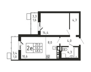Планировка двухкомнатной(квартира) площадью 48.6 квадратных метров в ЖК “ЖК Пироговская Ривьера”