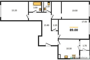 Планировка трехкомнатной(квартира) площадью 89 квадратных метров в “ЖК Sky Garden (Скай Гарден)”