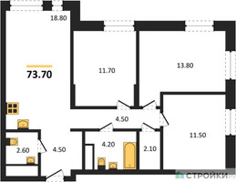 Планировка трехкомнатной(квартира) площадью 73.7 квадратных метров в “ЖК Первый Московский”