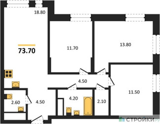 Планировка трехкомнатной(квартира) площадью 73.7 квадратных метров в ЖК “ЖК Первый Московский”