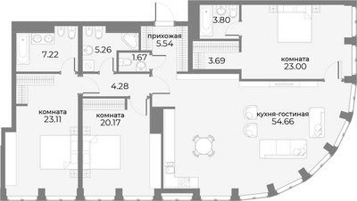 Планировка 4+ комнатной(апартаменты) площадью 154.5 квадратных метров в ЖК “ЖК Sky View (Скай Вью)”