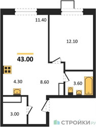 Планировка однокомнатной(квартира) площадью 43 квадратных метров в ЖК “ЖК ЭкоБунино (Южное Бунино)”