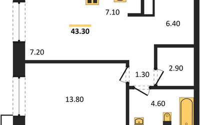 Планировка однокомнатной(апартаменты) площадью 43.3 квадратных метров в ЖК “ЖК Верейская 41”