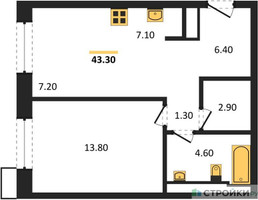 Планировка однокомнатной(апартаменты) площадью 43.3 квадратных метров в “ЖК Верейская 41”
