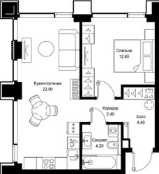 Планировка однокомнатной(квартира) площадью 45.6 квадратных метров в ЖК “Мультиквартал СИТИДЗЕН”