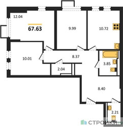 Планировка трехкомнатной(квартира) площадью 67.63 квадратных метров в ЖК “ЖК Остафьево”