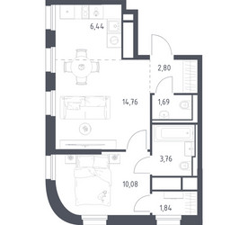 Планировка однокомнатной(квартира) площадью 41.37 квадратных метров в ЖК “ЖК Квартал на воде (Графика на воде)”