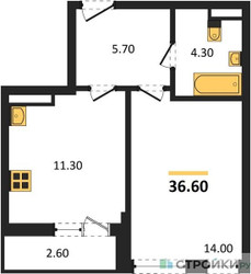 Планировка однокомнатной(квартира) площадью 36.6 квадратных метров в ЖК “ЖК Родные кварталы”
