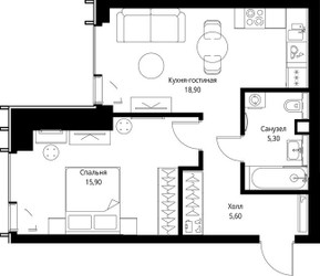 Планировка однокомнатной(квартира) площадью 46.8 квадратных метров в ЖК “ЖК Веер”