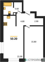 Планировка однокомнатной(квартира) площадью 50.2 квадратных метров в “ЖК Шагал”