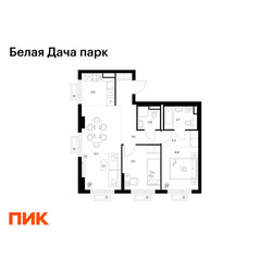Планировка двухкомнатной(квартира) площадью 58.5 квадратных метров в ЖК “ЖК Белая Дача парк”