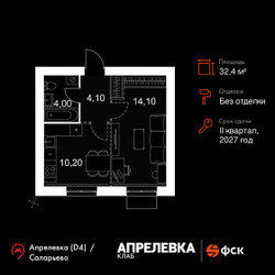 Планировка однокомнатной(квартира) площадью 32.4 квадратных метров в ЖК “Апрелевка Клаб”
