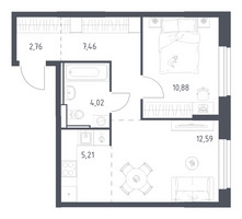 Планировка однокомнатной(квартира) площадью 42.92 квадратных метров в “ЖК Квартал Ивакино”