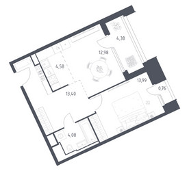 Планировка однокомнатной(апартаменты) площадью 54.17 квадратных метров в ЖК “ЖК Скай Спутник”