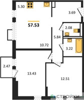 Планировка двухкомнатной(квартира) площадью 57.53 квадратных метров в “ЖК Остафьево”