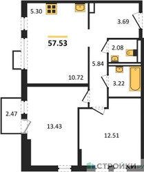 Планировка двухкомнатной(квартира) площадью 57.53 квадратных метров в ЖК “ЖК Остафьево”
