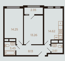 Планировка двухкомнатной(квартира) площадью 59 квадратных метров в ЖК “ЖК Миниполис Рафинад”