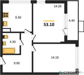Планировка двухкомнатной(квартира) площадью 53 квадратных метров в ЖК “ЖК Бунинские кварталы”